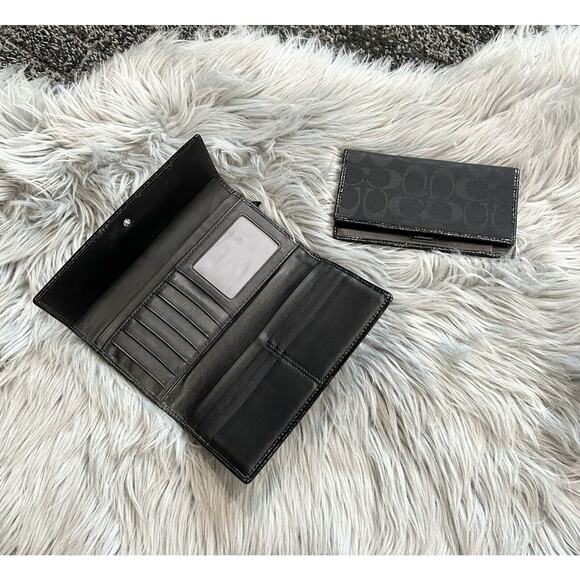 VTG COACH Black Signature 12CM Jacquard Patent Leather Trifold Clutch Wallet Set - Picture 6 of 9